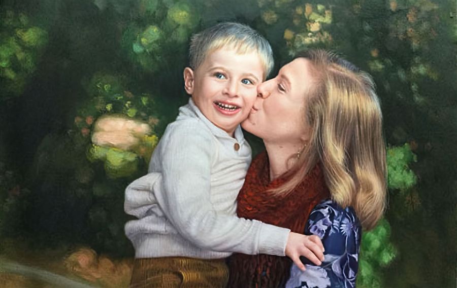 Hand-painted portrait of a mother and son
