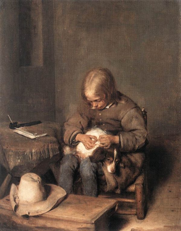 A Boy Ridding His Dog Of Fleas by Gerard ter Borch