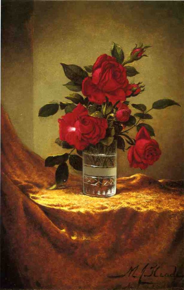 A Glass of Roses on Gold Cloth by Martin Johnson Heade