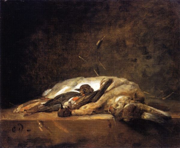 A Rabbit Two Thrushes and Some Straw on a Stone Table by Jean-Baptiste-Simeon Chardin