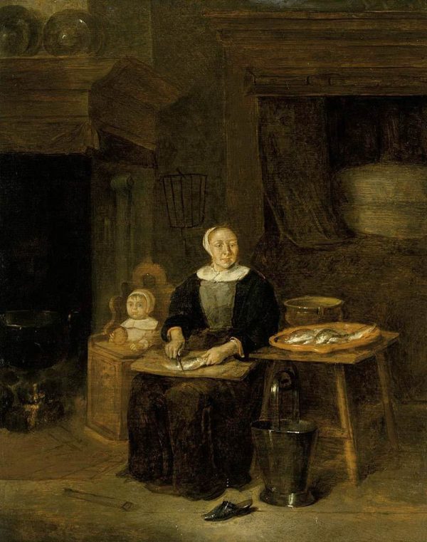 A Woman Scaling Fish by Quiringh Van Brekelenkam
