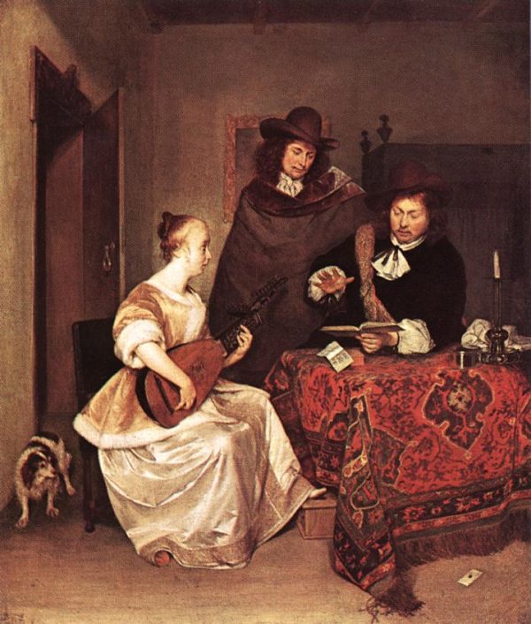 A Young Woman Playing a Theorbo to Two Men by Gerard ter Borch
