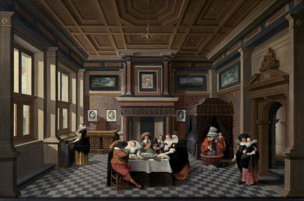 An Interior with Ladies and Gentlemen Dining by Dirck van Delen
