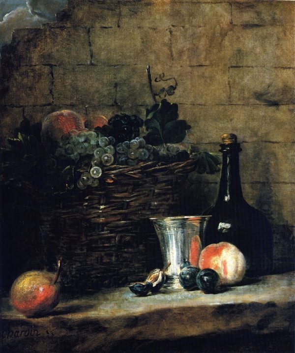 Basket of White and Red Grapes with Silver Goblet Bottle Peaches by Jean-Baptiste-Simeon Chardin