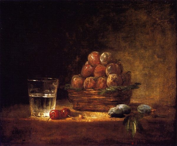 Basket of Plums with a Glass of Water Two Cherries a Cherry Ston by Jean-Baptiste-Simeon Chardin
