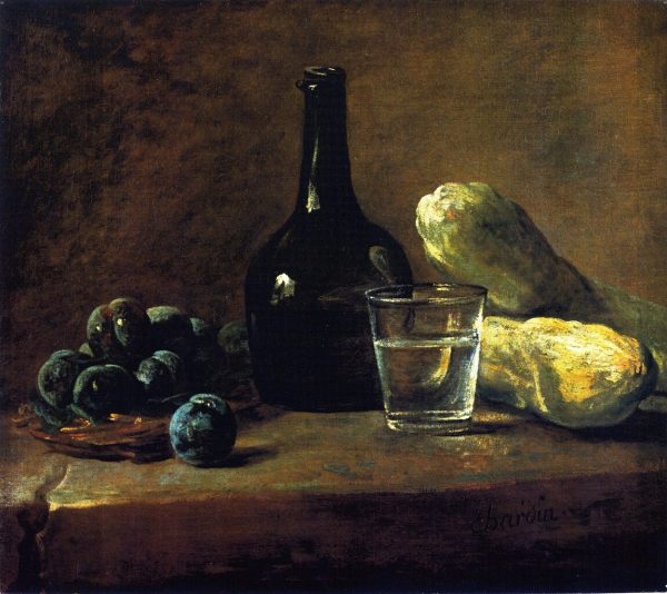 Basket of Plums Bottle Glass of Water and cucumbers by Jean-Baptiste-Simeon Chardin
