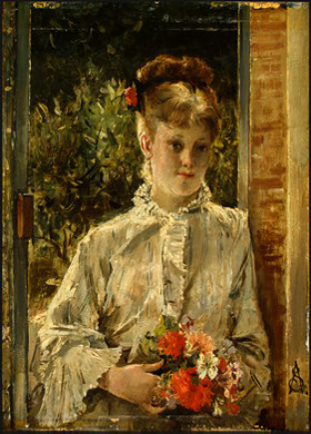 Young Woman in White Holding a Bouquet by Alfred Stevens - hand-painted oil reproduction
