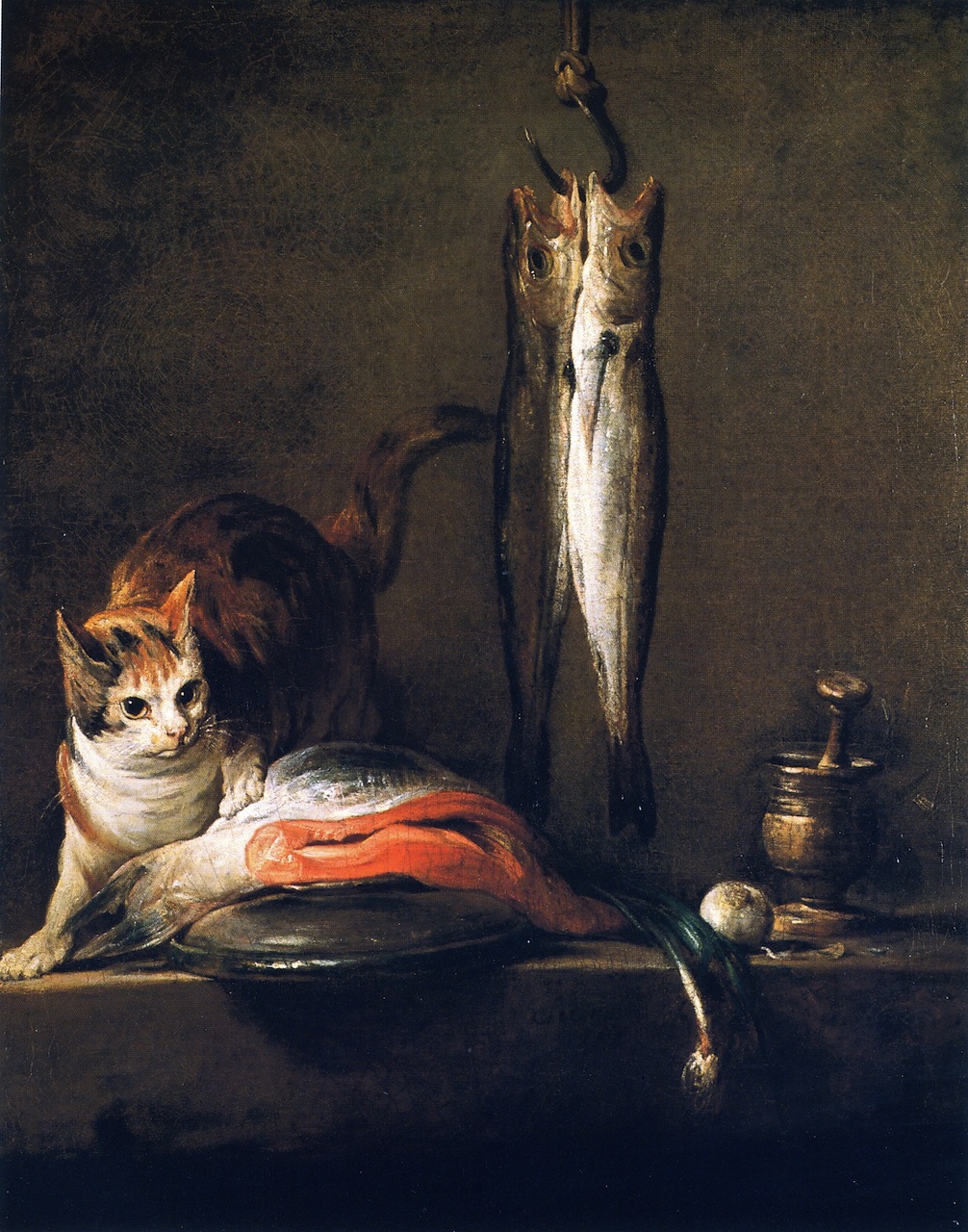 Cat with Salmon Two Mackerel Pestle and Mortar