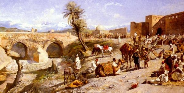 The Arrival Of A Caravan Outside Marakesh, The Mountains Of Atlas In The Distance by Edwin Lord Weeks