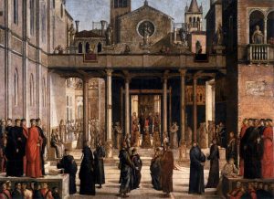 The Relic of the Holy Cross is offered to the Scuola Grande di San Giovanni Evangelista by Lazzaro Bastiani - hand-painted oil reproduction