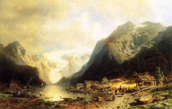 Fishermans Village on an Alpine Lake by Hermann Ottomar Herzog
