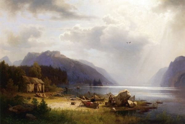 Fishing in an Alpine Lake by Hermann Ottomar Herzog