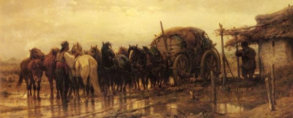 Hitching Horses To The Wagon by Adolf Schreyer