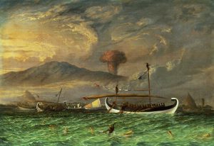 Volcano and fishing proas near Passoeroean on the Java coast Indonesia by Thomas Baines - hand-painted oil reproduction