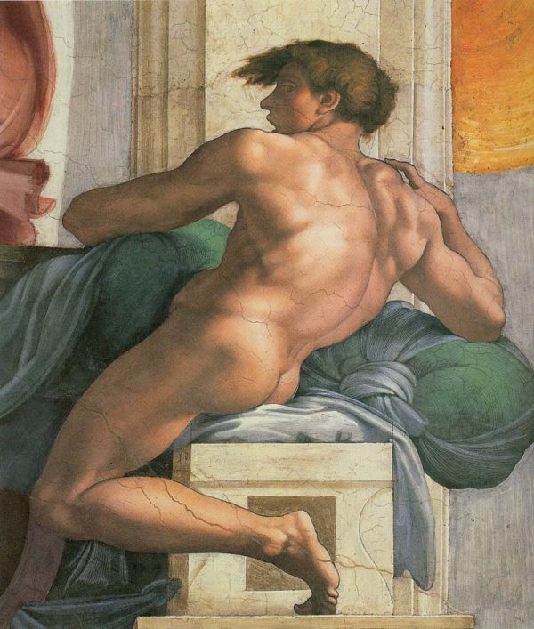 Ignudi next to Separation of Land and the Persian by Michelangelo