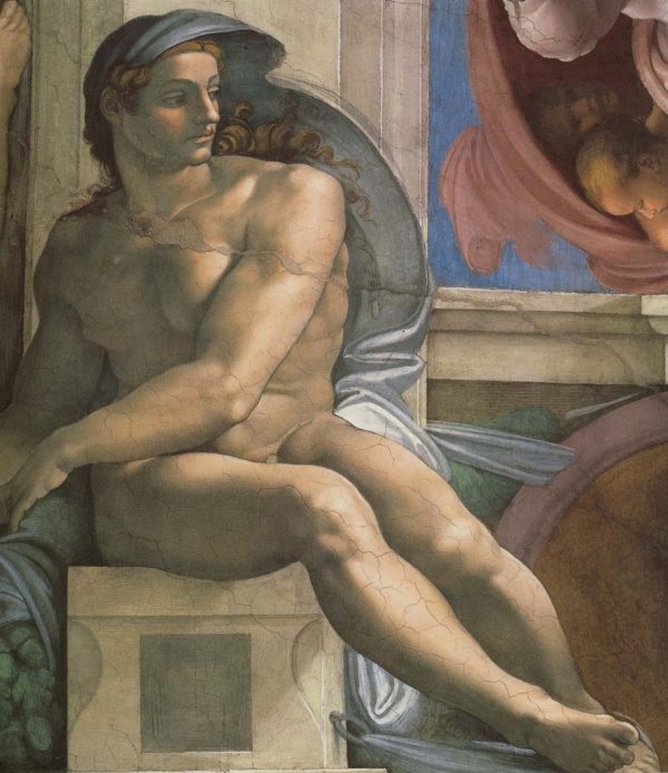 Ignudi next to Separation of Land and the Persian Sybil by Michelangelo