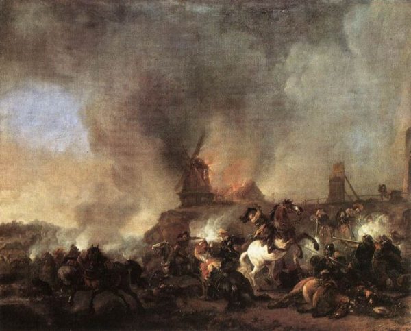 Cavalry Battle in Front of a Burning Mill by Philips Wouwerman