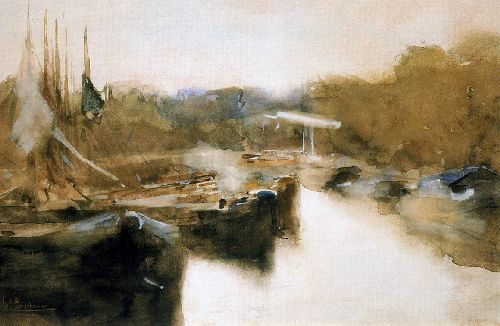 Moored ships in city canal by George Hendrik Breitner