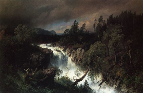 Mountain Landscape and Waterfall by Hermann Ottomar Herzog