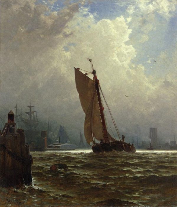 New York Harbor with the Brooklyn Bridge Under Construction by Alfred Thompson Bricher
