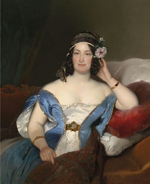 Portrait of a lady with richly decorated head dress and roses in her hair