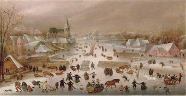 A Winter Landscape With Skaters On A Frozen River by Abel Grimmer