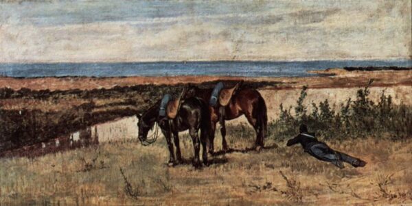 Soldier with Two Horses on the Bank of the Sea by Giovanni Fattori