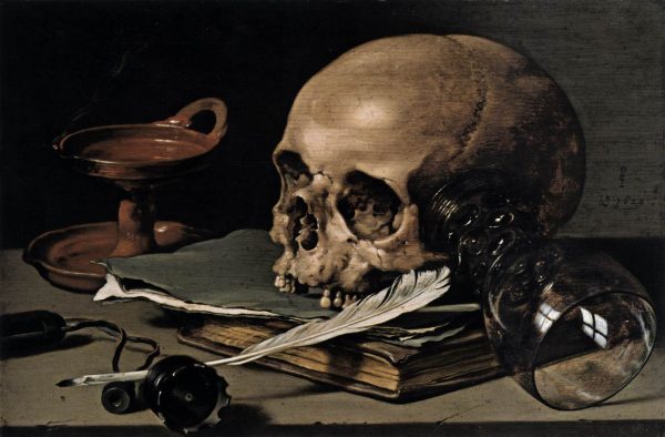 Still Life with a Skull and Writing Quill by Pieter Claesz