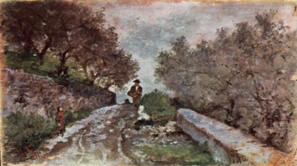 Strasse durch den Olivenhain mit zwei Passanten by Giovanni Fattori