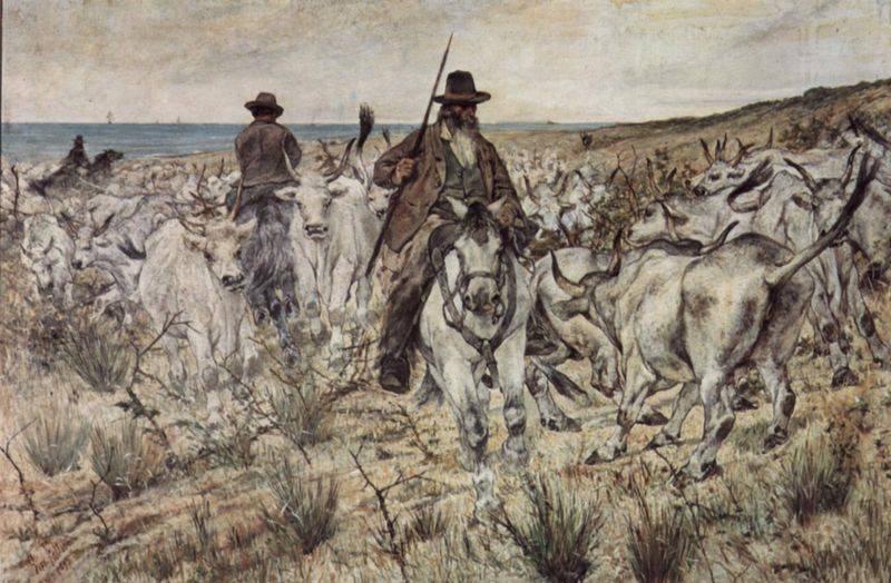 Three Mounted Herders with Herd of Cows by Giovanni Fattori - hand-painted oil reproduction