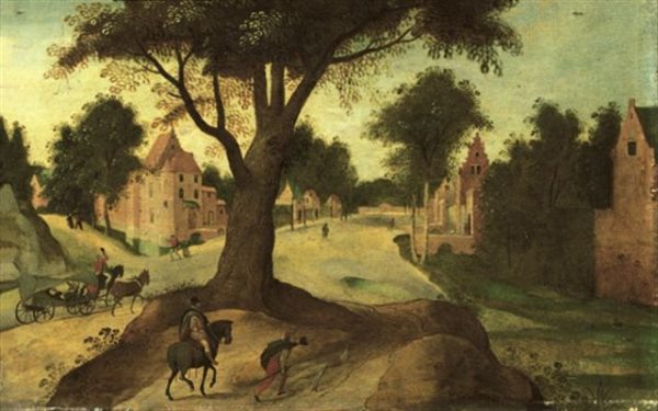 A Wooded Landscape With Travellers Entering A Town by Abel Grimmer