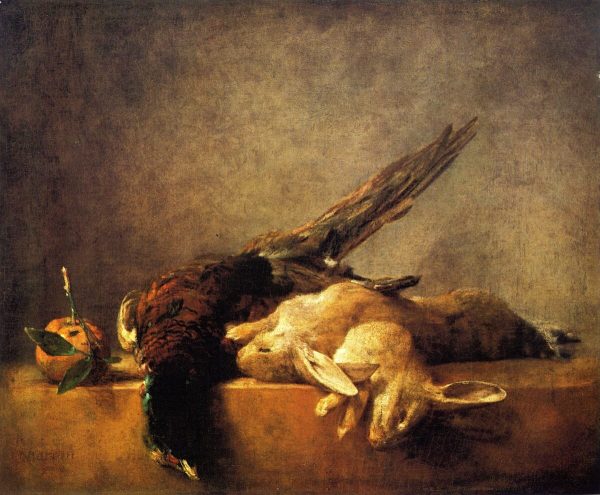 Two Rabbits a Pheasant and a Seville Orange on a Stone Ledge by Jean-Baptiste-Simeon Chardin