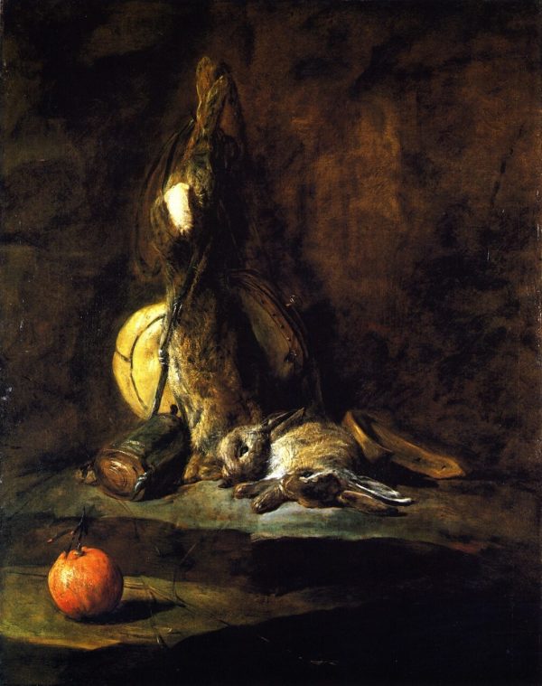 Two Rabbits with Game Bag Powder Flask and Orange by Jean-Baptiste-Simeon Chardin