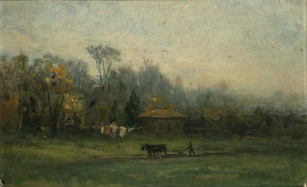 Untitled (landscape with man plowing fields) by Edward Mitchell Bannister