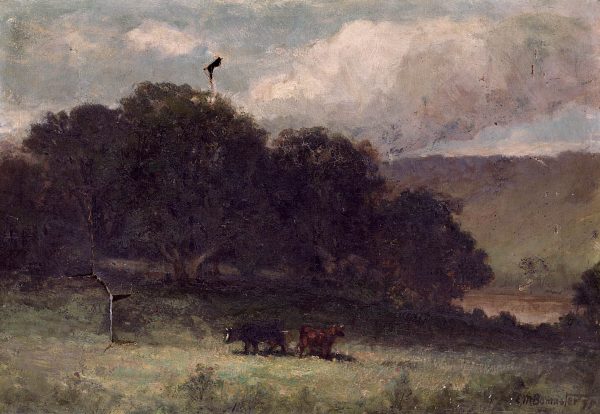Untitled (landscape with trees and two cows in meadow) by Edward Mitchell Bannister