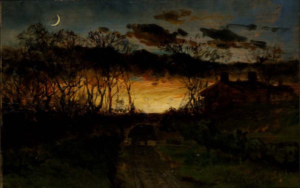 Untitled (sunset with quarter moon and farmhouse) by Edward Mitchell Bannister