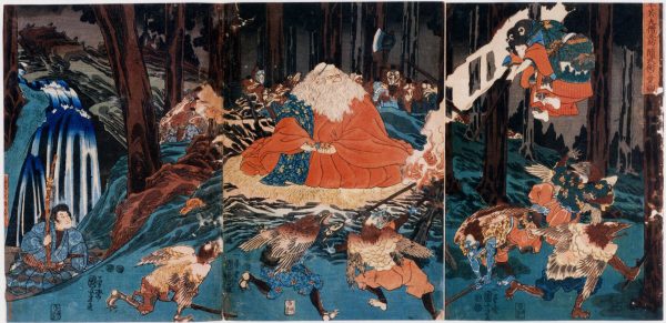 Ushiwakamaru Sparring with Tengu by Utagawa Kuniyoshi