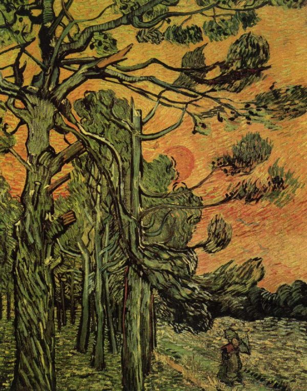 Pine Trees against a Red Sky with Setting Sun by Vincent Van Gogh