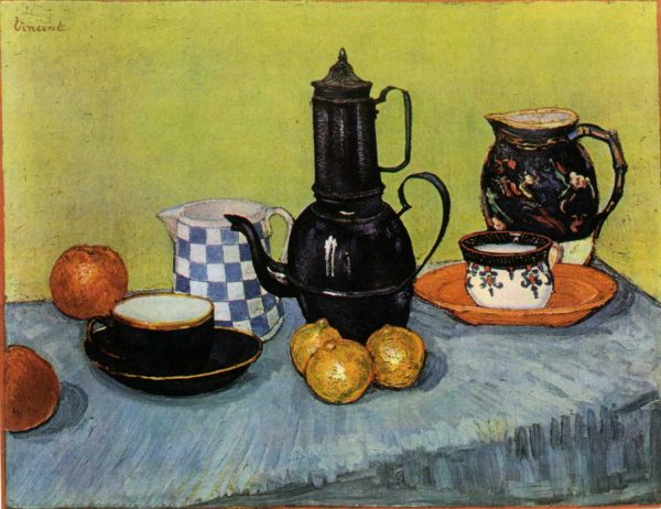 Still Life Blue Enamel Coffeepot Earthenware and Fruit by Vincent Van Gogh