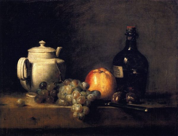 White Teapot with White and Red Grapes Apple Chestnuts Knife and by Jean-Baptiste-Simeon Chardin