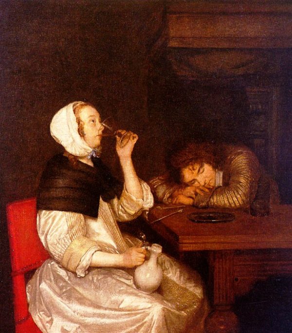 Woman Drinking with a Sleeping Soldier by Gerard ter Borch