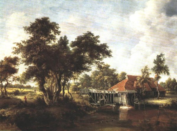 Wooded Landscape with Water Mill by Meyndert Hobbema