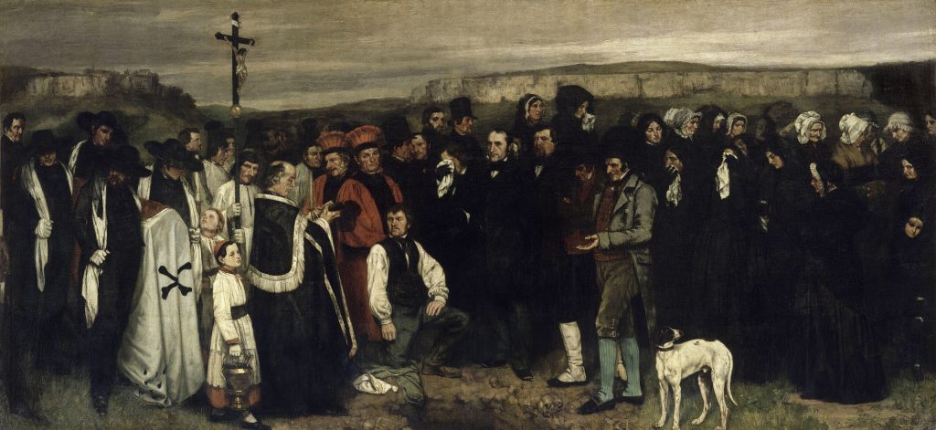 Townspeople, clergy and mourners gather around an open grave beneath a grey sky in Gustave Courbet’s A Burial at Ornans.