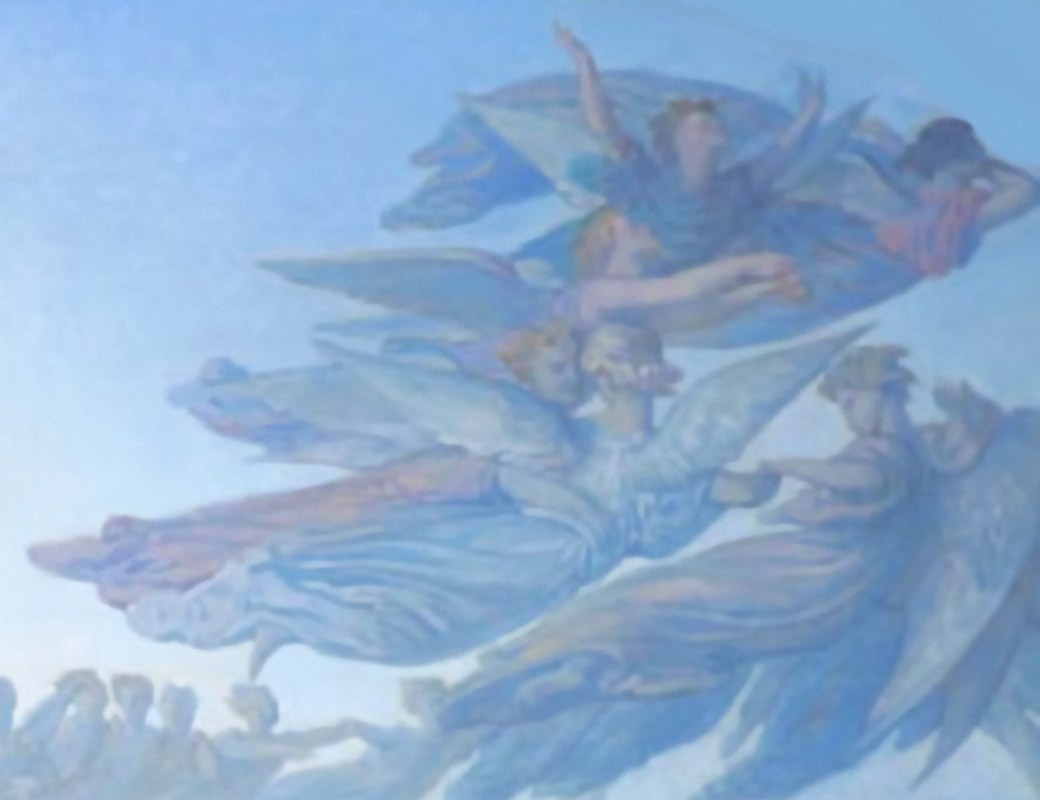 A group of angels in pink and blue robes rising joyfully on the right side of the sky