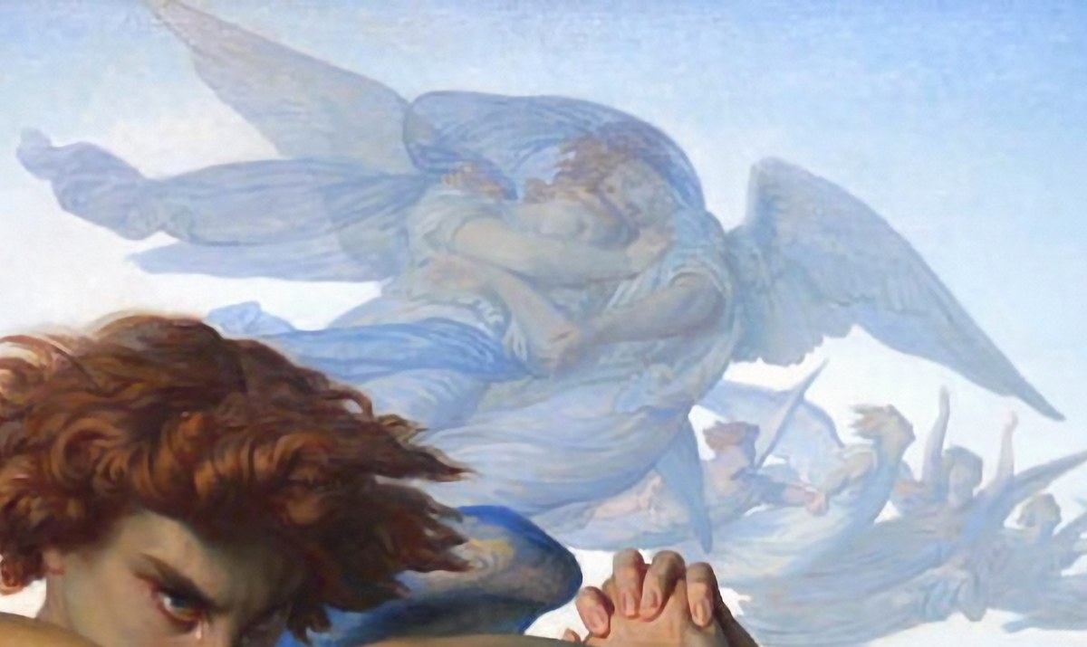 A long procession of pale angels in blue robes flying across the sky above the fallen angel's head