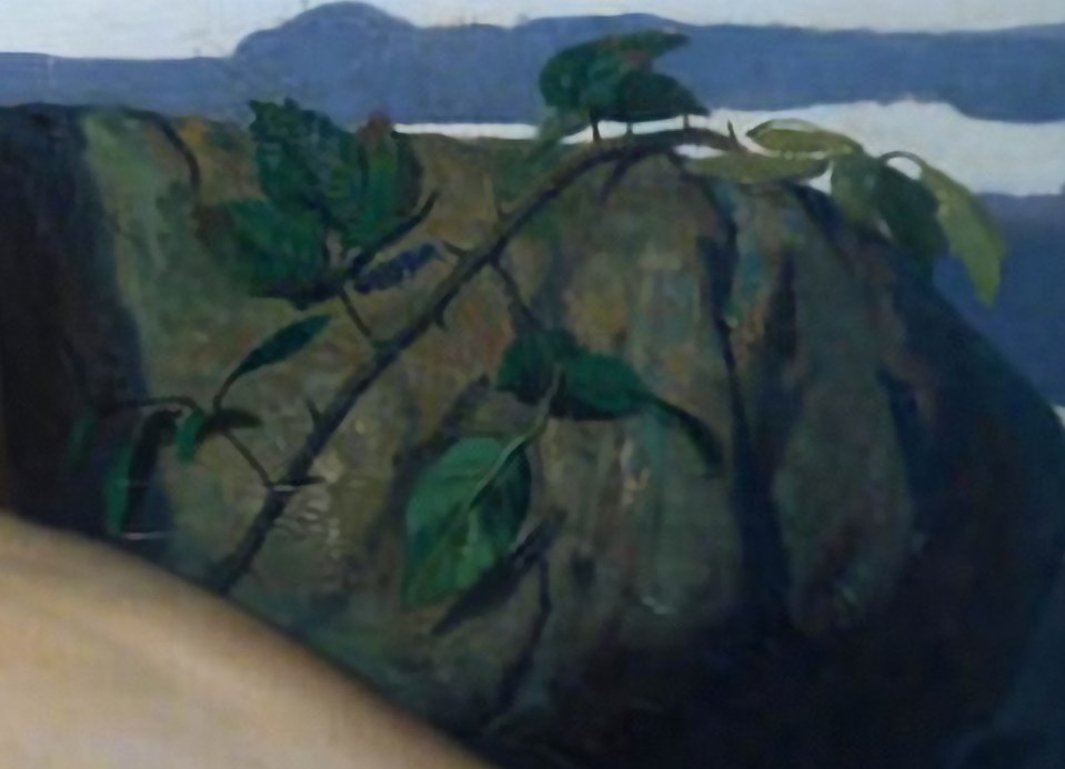A thorny bramble with green leaves creeping across a dark mossy rock beside the angel's legs