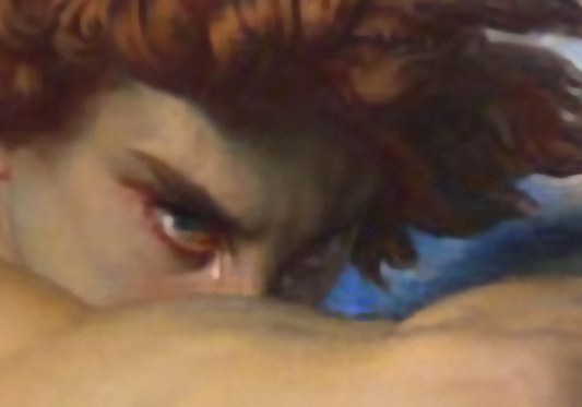 The fallen angel's single visible eye, red-rimmed and glaring over his arm, with a tear on the lower lid