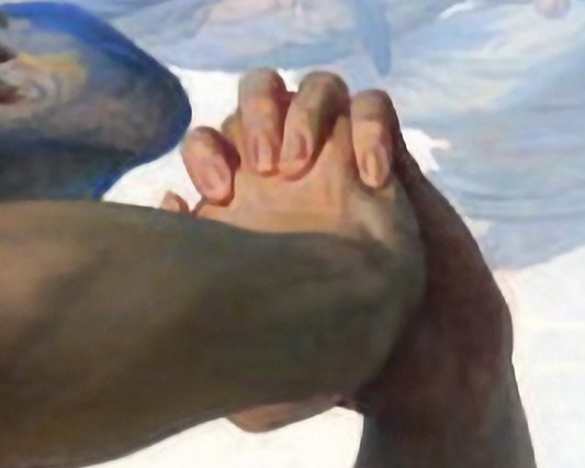 The fallen angel's hands clasped tightly together, fingers interlocked, at the end of his folded arms