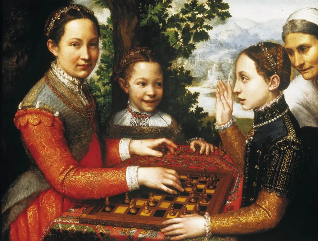 Sofonisba Anguissola's Game of Chess, three sisters around a chessboard with a servant behind them
