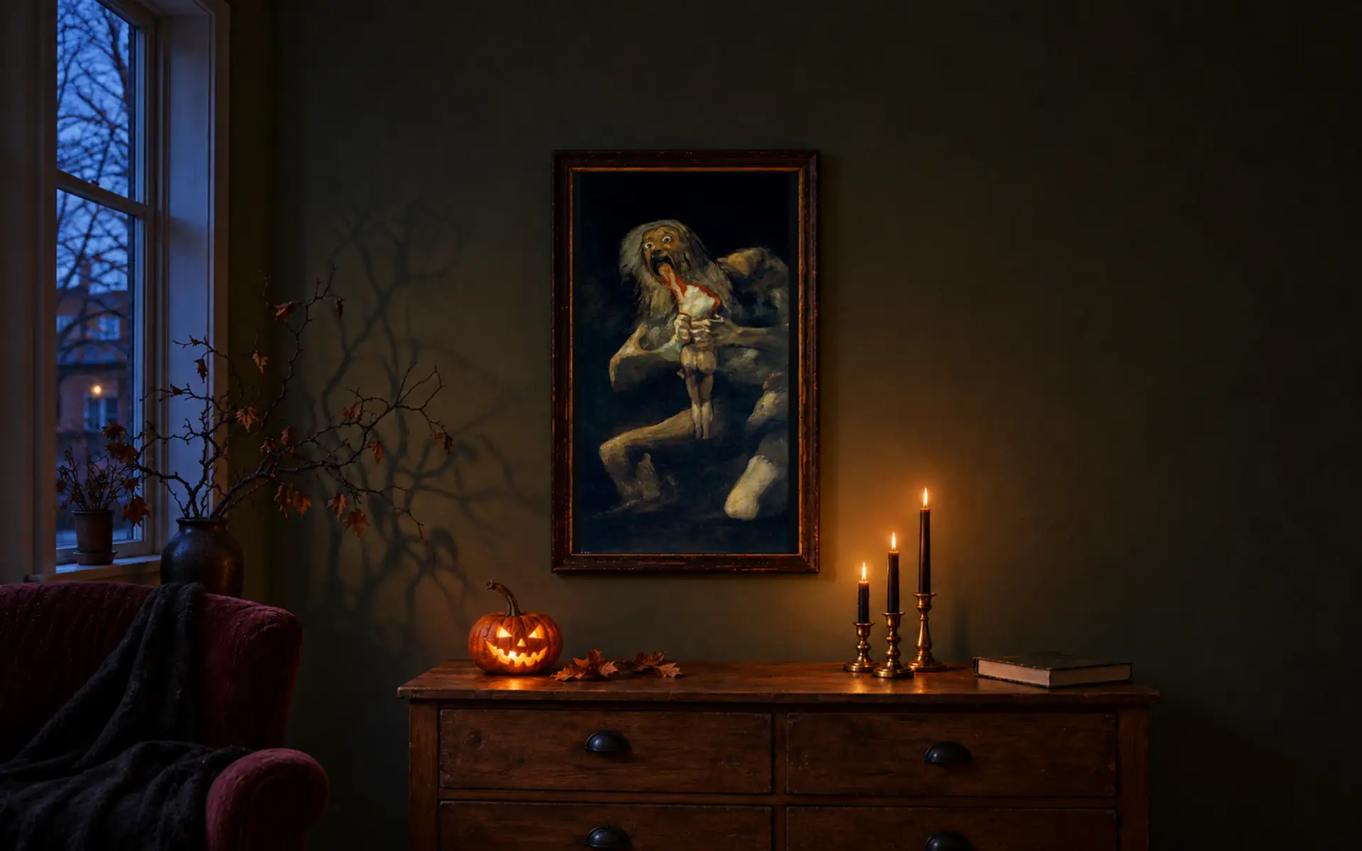 Saturn Devouring His Son by Francisco Goya, hand-painted oil reproduction in a walnut frame above a candlelit chest with a carved pumpkin
